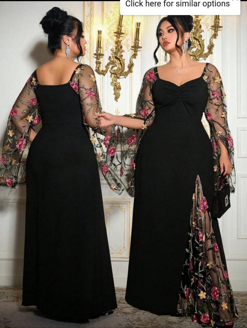 SHEIN Black Maxi Dress with Pink Floral Embroidered Sleeves